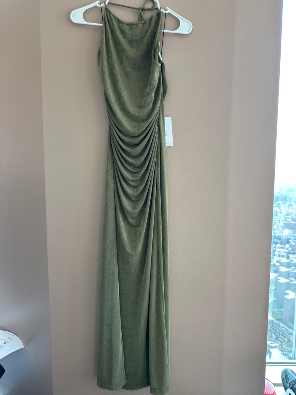 Olive Green Draped Halter Evening Dress